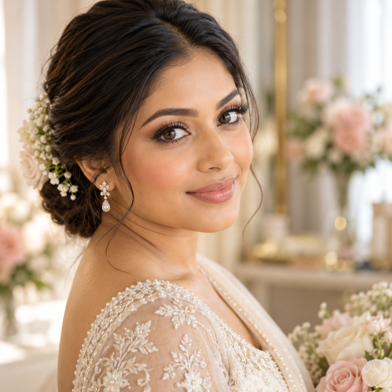 Elegant South Asian bride wearing softly defined bridal lash extensions