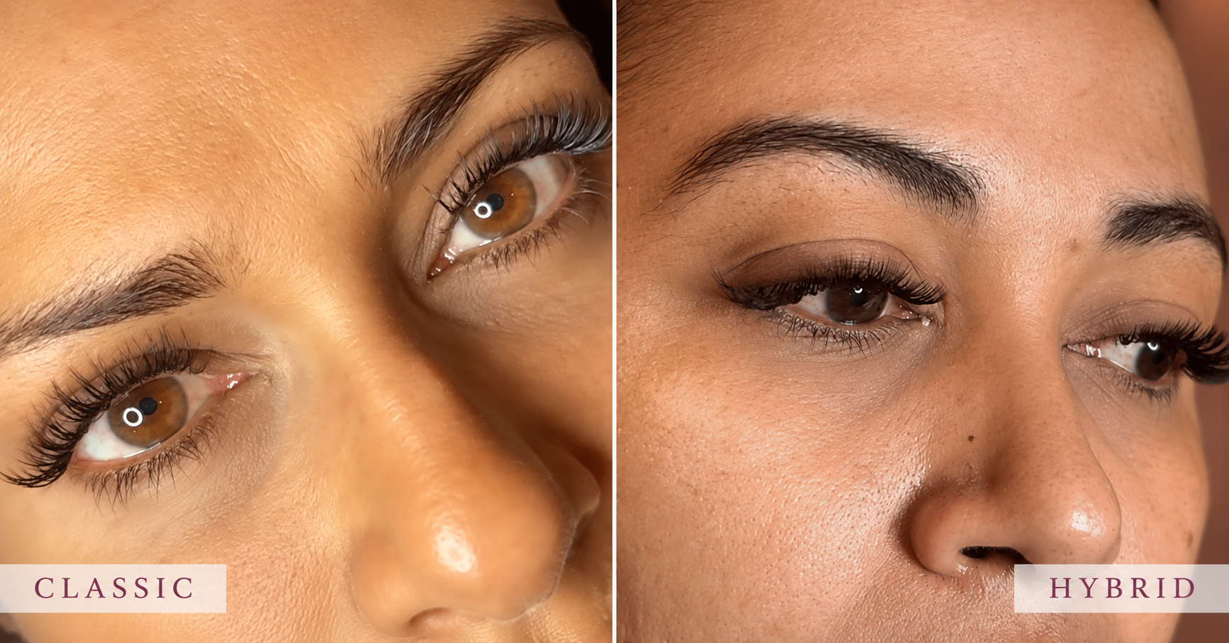 Classic and Hybrid lash extension results by Cinderella Lashes by Waruni shown side by side