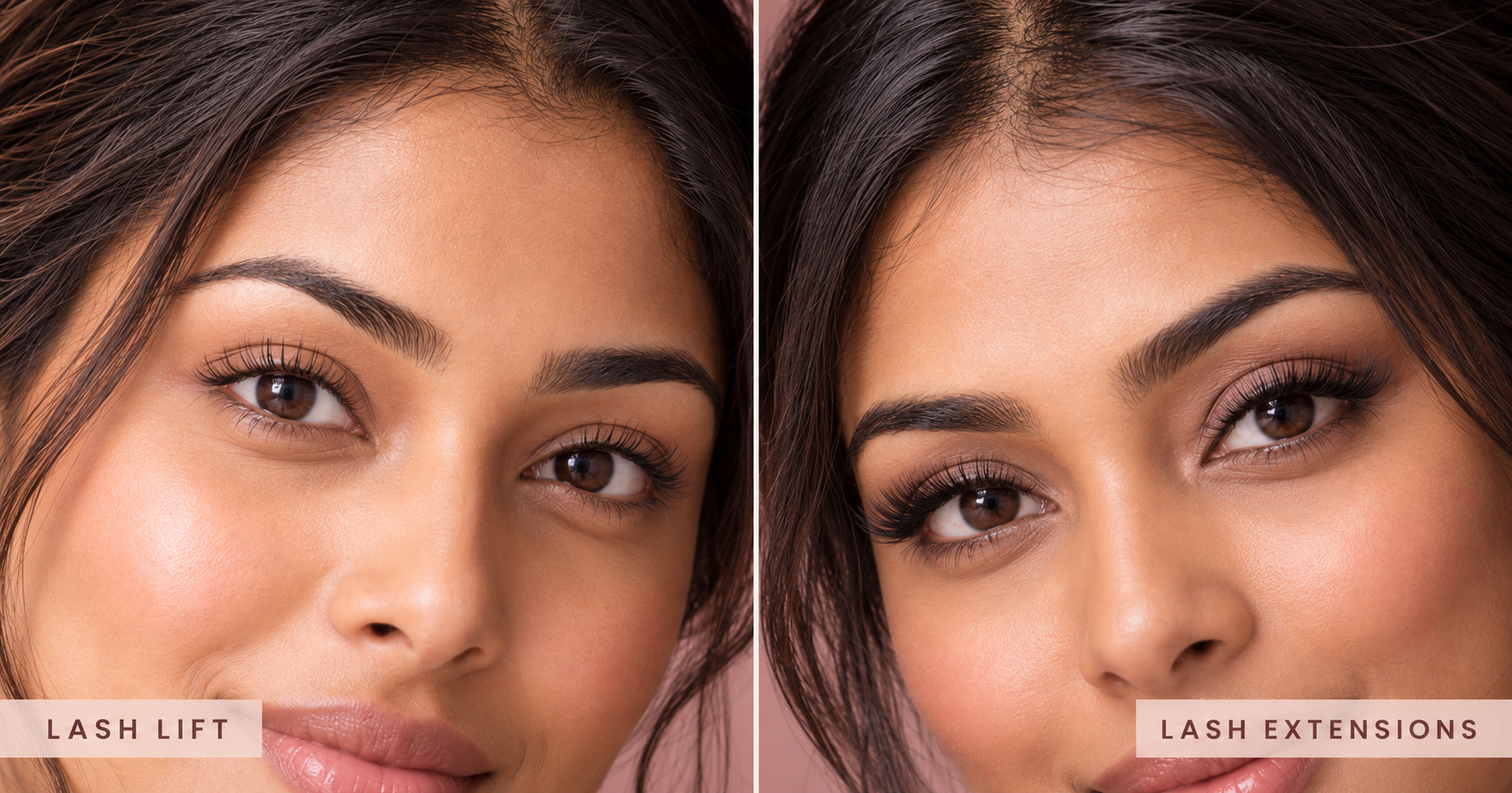 Natural lash lift and fuller lash extensions shown side by side